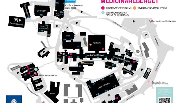 Map with marked study places and group rooms on Campus Medicinareberget.